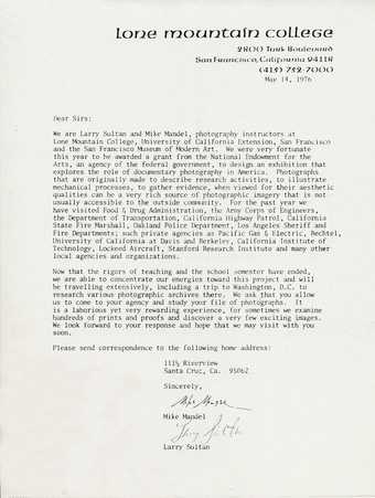 Letter from Larry Sultan and Mike Mandel to ESL Incorporated, 14 May 1976