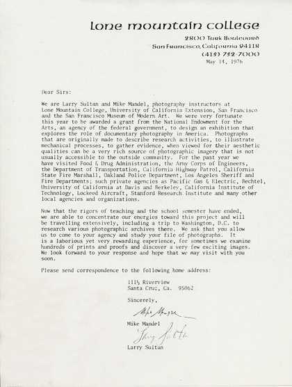 Letter from Larry Sultan and Mike Mandel to ESL Incorporated, 14 May 1976
