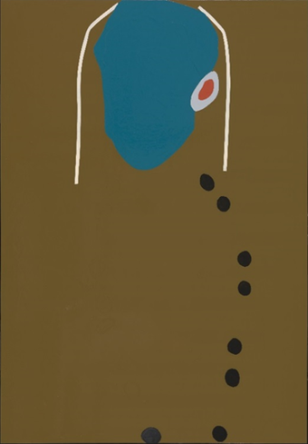 A semi-abstract portrait painting featuring a blue face, two white lines indicating hair, one ear, and black and brown buttons running down the torso, with a greenish brown background.