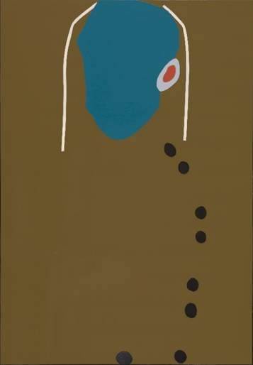 A semi-abstract portrait painting featuring a blue face, two white lines indicating hair, one ear, and black and brown buttons running down the torso, with a greenish brown background.