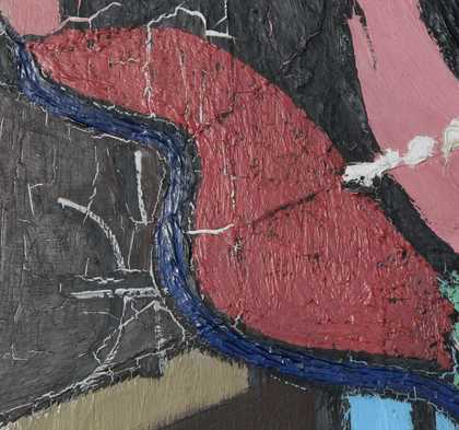 Detail showing dark blue paint of line beneath red area, and mint green of stripes in skirt