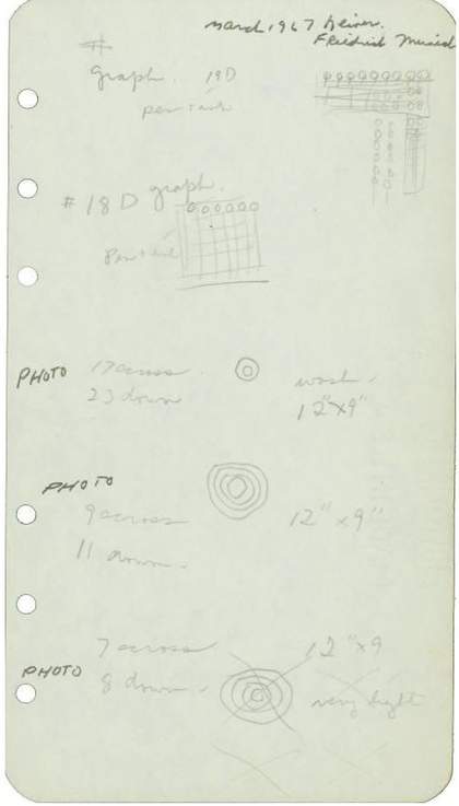 A piece of paper featuring handwritten notes interspersed with small sketches of circles, lines and grids.