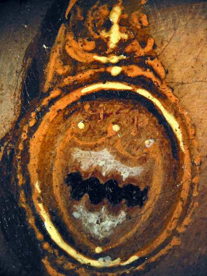 Detail of signet ring and the sitter’s coat of arms in ?British School, 'Portrait of a Gentleman'