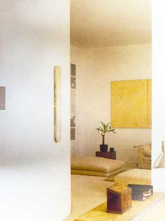 Interior view of Max Gordon’s flat at 120 Mount Street, Mayfair, London, c.1980, with a section of Surface Substitution on 36 Plates seen hanging on the far wall