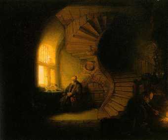 Rembrandt van Rijn Philosopher in Meditation (Old Man in an Interior with Winding Staircase) 1632