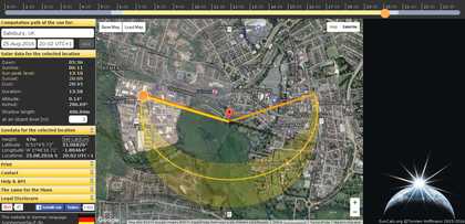 Solar geometry at the viewpoint from the Longbridge on 25 August at 7 pm (GMT)