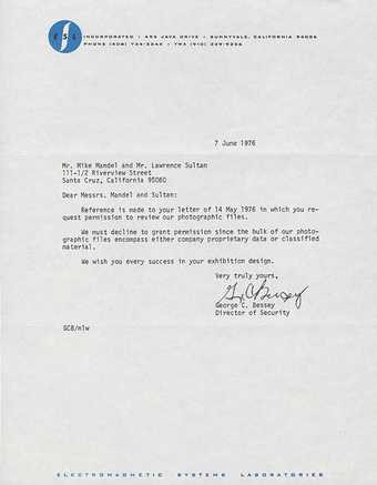 Reply from ESL Incorporated to Larry Sultan and Mike Mandel, 7 June 1976