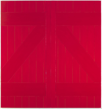 A large painting in deep red representing the door of a barn, with thick vertical, horizontal and diagonal lines suggestive of panels of wood.