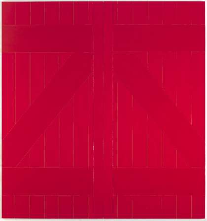 A large painting in deep red representing the door of a barn, with thick vertical, horizontal and diagonal lines suggestive of panels of wood.