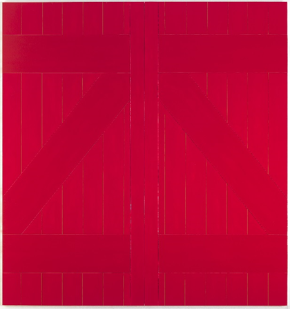 A large painting in deep red representing the door of a barn, with thick vertical, horizontal and diagonal lines suggestive of panels of wood.