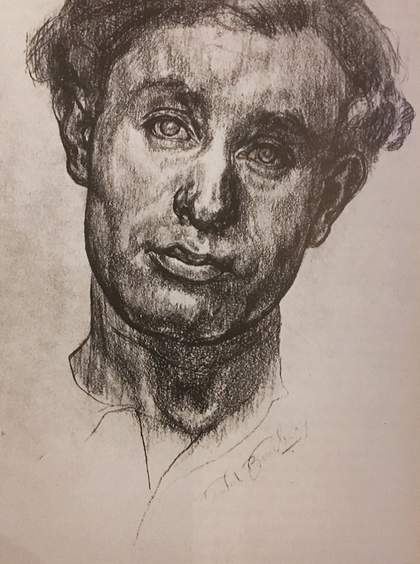 A pencil drawing on white paper of a man’s head and neck tilted to the right. Deep tonal shading expresses the contours of the man’s features, with very few areas left white.