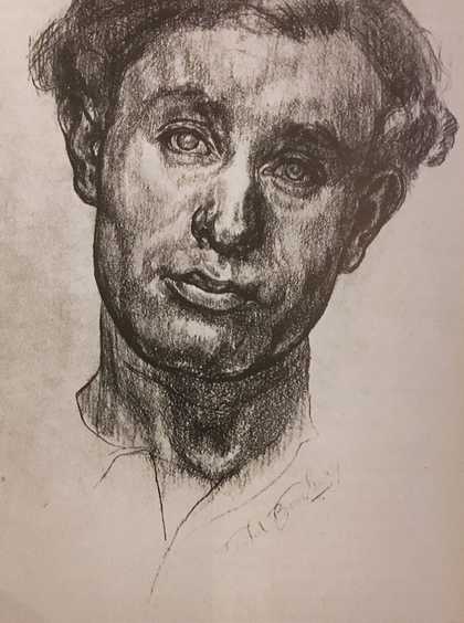 A pencil drawing on white paper of a man’s head and neck tilted to the right. Deep tonal shading expresses the contours of the man’s features, with very few areas left white.
