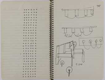 A double-page spread from a ring bound diary featuring sketches of narrow rectangles and circles with rope-like curves emerging from their centres.