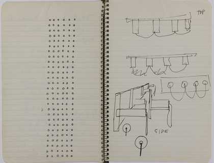A double-page spread from a ring bound diary featuring sketches of narrow rectangles and circles with rope-like curves emerging from their centres.