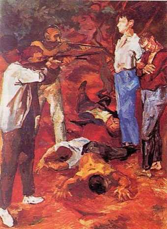 A painting of two individuals pointing rifles at two other individuals at close range, with three injured or dead figures lying on the ground between them.