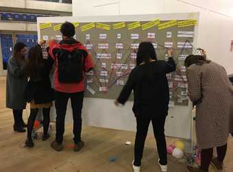 Four people look at a pinboard featuring pieces of paper with text printed on them that are arranged in columns and connected by a network of multicoloured pieces of string.