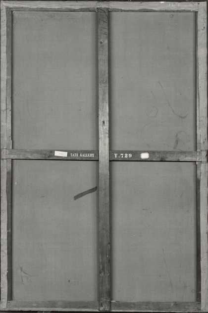 Black and white photograph from 1965 showing the reverse of the canvas and the original strainer