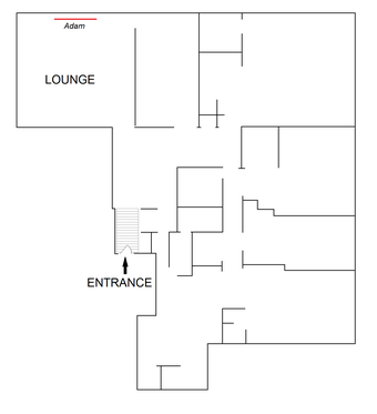 Floorplan of the Hellers’ New York apartment, showing the entrance hall and lounge, and the position of Adam on the lounge wall
