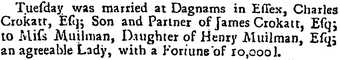 Newspaper article reporting the marriage of Charles Crokatt to Anna Muilman