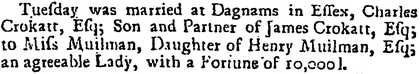 Newspaper article reporting the marriage of Charles Crokatt to Anna Muilman