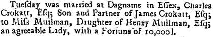 Newspaper article reporting the marriage of Charles Crokatt to Anna Muilman