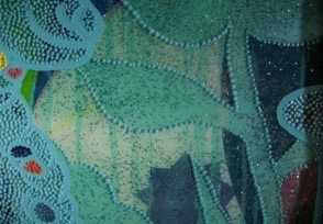 Chris Ofili, Detail of Mono Turquisa (Turquoise Monkey) from The Upper Room, showing the white priming, graphite pencil design, acrylic paint of background foliage, drips of turquoise oil paint, dyed resin and dots of oil paint