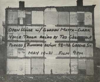Invitation to a screening of Matta-Clark’s Open House 1972 featuring a source photograph for Walls Paper 1972