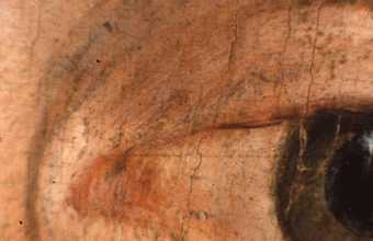 Fig.5 Detail of the sitter’s left eye, showing red pigments mixed with white for the white of the eye, and dark drawing lines