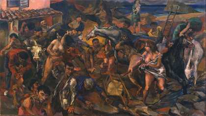 A painting featuring a dense composition of twisting, overlapping figures and animals in distress in an outdoor setting, a house with a tiled roof on the left and a chair lying on its side in the middle foreground.