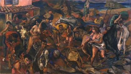 A painting featuring a dense composition of twisting, overlapping figures and animals in distress in an outdoor setting, a house with a tiled roof on the left and a chair lying on its side in the middle foreground.