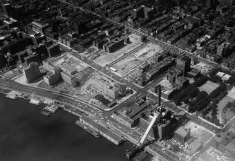 Aerial view of NYU-Bellevue project in progress (looking north), 3 November 1958