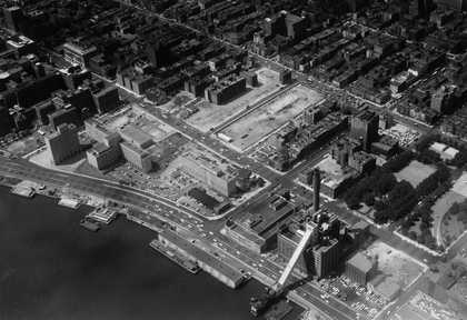 Aerial view of NYU-Bellevue project in progress (looking north), 3 November 1958