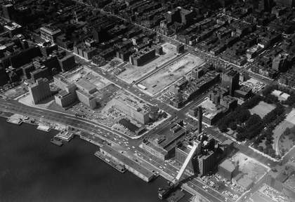 Aerial view of NYU-Bellevue project in progress (looking north), 3 November 1958