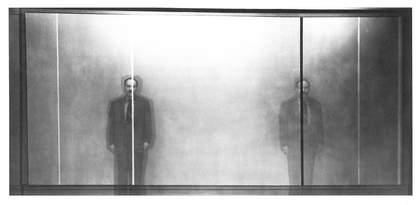 Hans Namuth, Double-exposed photograph of Newman with Vir Heroicus Sublimis at Betty Parsons Gallery, 1951