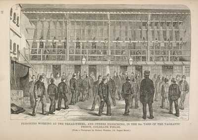 ‘Prisoners Working at the Tread-Wheel, and Others Exercising, in the 3rd Yard of the Vagrants’ Prison, Coldbath Fields’ engraved from a photograph by Herbert Watkins