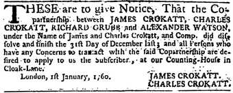 Notice reporting the dissolving of James and Charles Crokatt & Co
