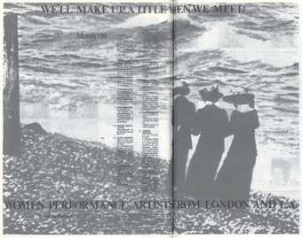 Advert for We’ll Make Up a Title When We Meet, London/LA Lab, featuring a still from a Suzanne Lacy performance, printed in Flue, vol.1, no.4, 1981, pp.4–5
