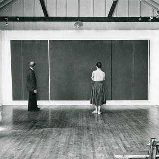 Matthias Tarnay, E.C. Goossen and an unidentified woman standing in front of Vir Heroicus Sublimis at Newman’s first retrospective, Bennington College, Vermont, 1958 