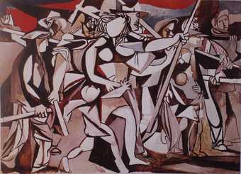 A semi-abstract painting, mostly in white, black and grey with some red and blue, that features figures with weapons marching in a row from the left side of the composition to the right.