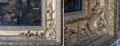 Detail images which show the ornamentation in the corners, the centre of which resembles a seashell. There are also other distinct rows of different patterns both on the outside and inside of the frame.