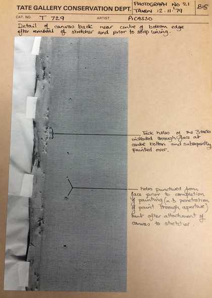 Detail of the lower edge in 1979 showing triple tack holes in the foldover edge, extracted from the conservation record