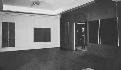 Aaron Siskind, Double-exposed photograph of Newman with (left to right) Onement III 1949, Covenant 1949, Horizon Light and The Promise 1949 at his exhibition at Betty Parsons Gallery, 1950