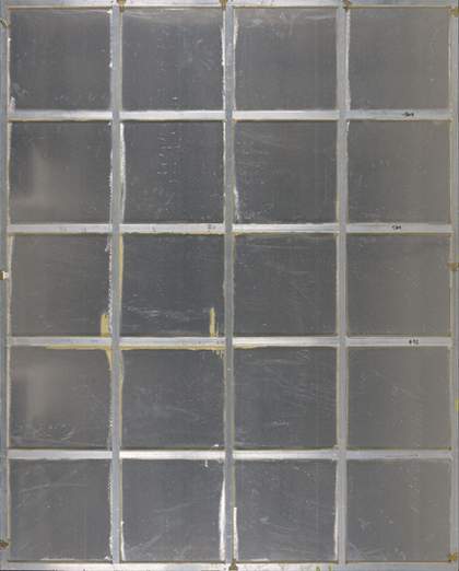 The reverse of the aluminium panel of Water Painting, showing the aluminium bars (6 horizontal, 5 vertical) that cross vertically and horizontally to form a grid-shaped support.