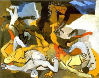 A semi-abstract painting featuring a chaotic composition of entangled figures lying or writhing on the ground, and a distressed individual gesturing down to them.