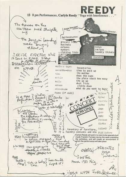 Handout from the performance Yoga with Interference by Carlyle Reedy as part of We’ll Make Up a Title When We Meet, London/LA Lab at Franklin Furnace, New York 1981