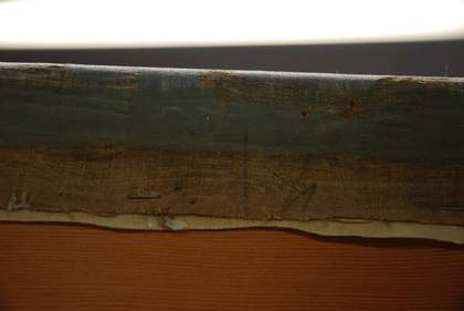 Detail of reverse at top, with rather poor colour rendering, showing grey ground and cut canvas on foldover edge, with a paler border of added canvas strip lining