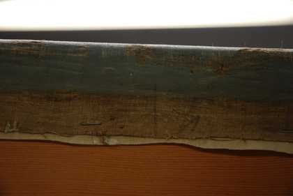 Detail of reverse at top, with rather poor colour rendering, showing grey ground and cut canvas on foldover edge, with a paler border of added canvas strip lining
