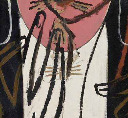 Detail showing the outline of the face and torso with exposed ground and black underpainting