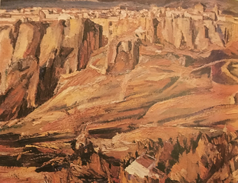 A painting of a steep hillside with fields and gullies, painted in light earth tones of tan and reddish brown. A town is shown above cliffs at the top.