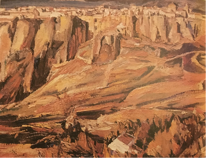 A painting of a steep hillside with fields and gullies, painted in light earth tones of tan and reddish brown. A town is shown above cliffs at the top.